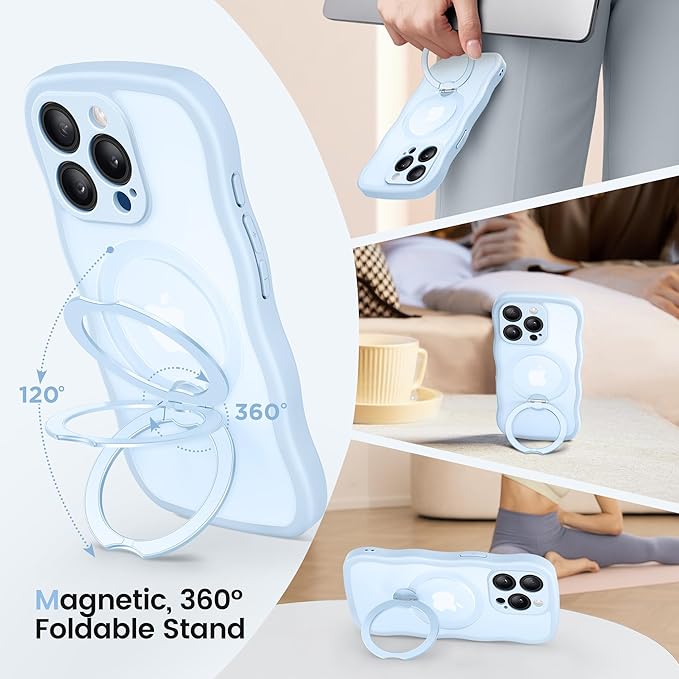 CAPRARO for iPhone 13 Pro Max Case with 360° Spin Magnetic Stand for Women, [Compatible with MagSafe] [Full Camera Protection] Cute Wave Translucent Matte Case for iPhone 13 Pro Max, Light Blue