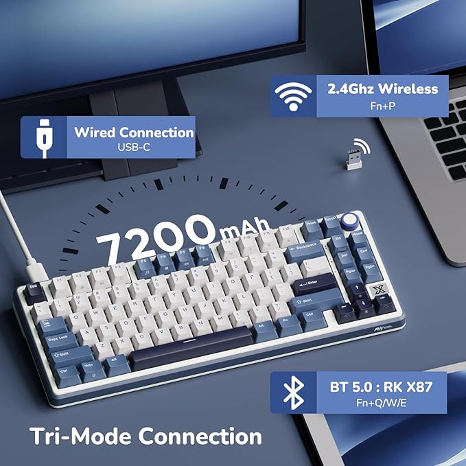 RK ROYAL KLUDGE X87 Gasket Mechanical Keyboard, 75% Wireless Gaming Keyboard with Touchable X-Plate & Volume Knob, Bluetooth/2.4GHz/Wired, Hot Swappable RGB Backlit (Blue, Tactile Beige Switch)