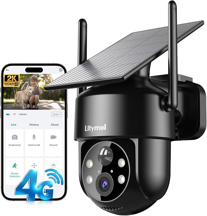 LITYMOL 4G LTE Cellular Solar Security Cameras Wireless Outdoor,No WiFi Cameras for Home Security,2K Surveillance Camera Lenses,Spotlight Siren Alarm,AI Detection,SD/Cloud Storage