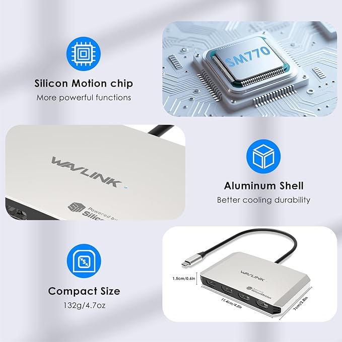 4 Monitor Docking Station, WAVLINK Quad Monitors Adapter for M1/M2/M3/M4/Macbook Neo macOS, 140W PD in, 4 HDMI, Quad 4K Output, SMI Driver & Host USB3.2 Gen 2 Required