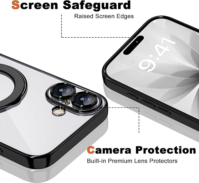 Compatible with iPhone 17 Case with Invisible Magnetic Ring Stand [Compatible with Mag-Safe] [Full Camera Lens Protector] Plating Clear Phone Case for iPhone 17 6.3", Black