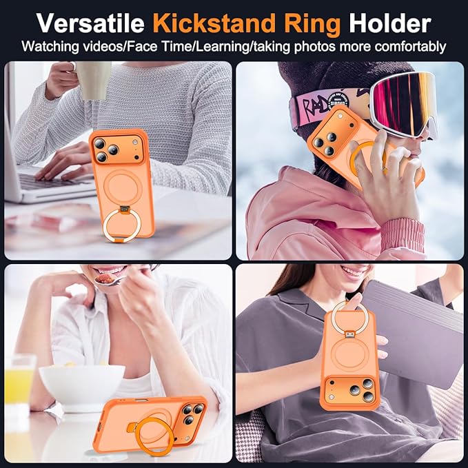 SKYLMW Compatible with iPhone 17 Pro Max Case with Invisible Magnetic O-Ring Stand Military-Grade Translucent Case for iPhone 17 ProMax 6.9" [Compatible with Mag-Safe][Great Grip Feeling],Orange