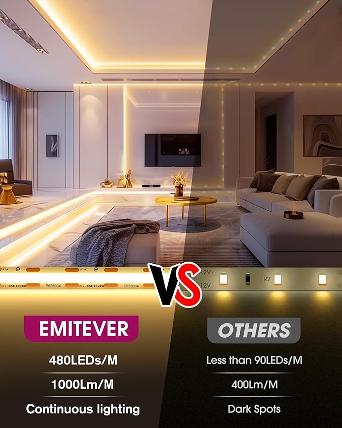EMITEVER COB LED Strip Lights Warm White, 3000K Tape Light 16.4FT Premium High Density, DC 24V, 300+Lumens/ft,2400LEDs/Spool, Ra 90+, 3W/ft, UL Listed 5 Year Warranty (Power Supply Sold Separately)