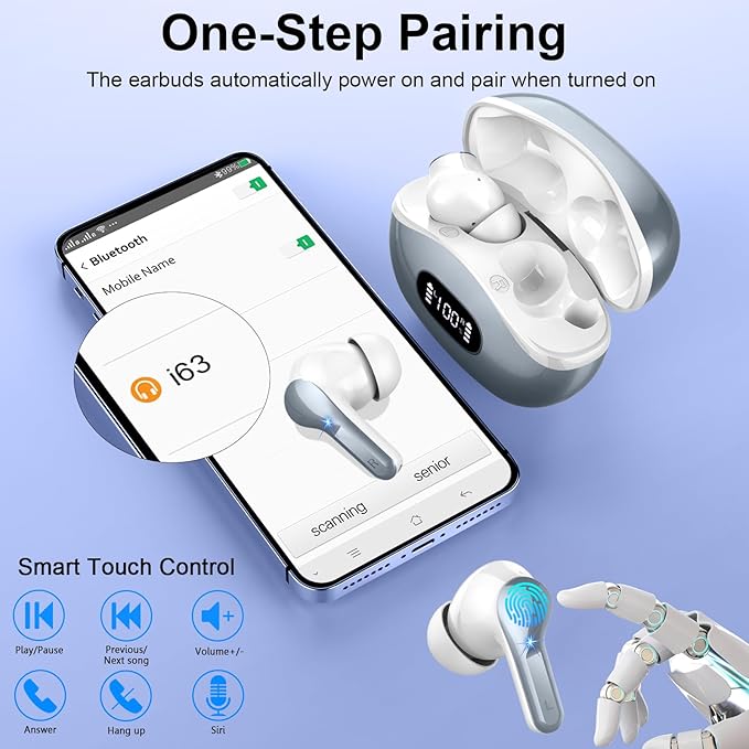 Wireless Earbuds, 48Hrs 2026 Bluetooth Headphones, Hi-Fi Stereo Deep Bass Ear Buds, ENC Noise Cancelling Mic, Clear Calls, IP-X7 Waterproof, USB Sport Earphones in Ear for Phones Laptop Pad, Gray