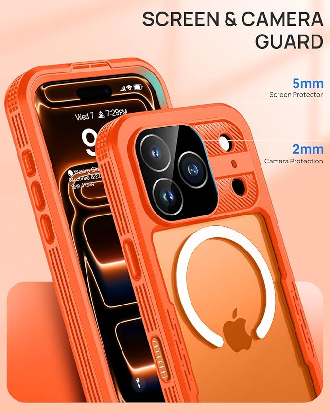Lanhiem Magnetic for iPhone 17 Pro Case, IP68 Waterproof, Dustproof, Compatible with Magsafe, Built-in Screen Protector, Full Body, Heavy Duty, Rugged Phone Cover, 6.3 inch, Cosmic Orange