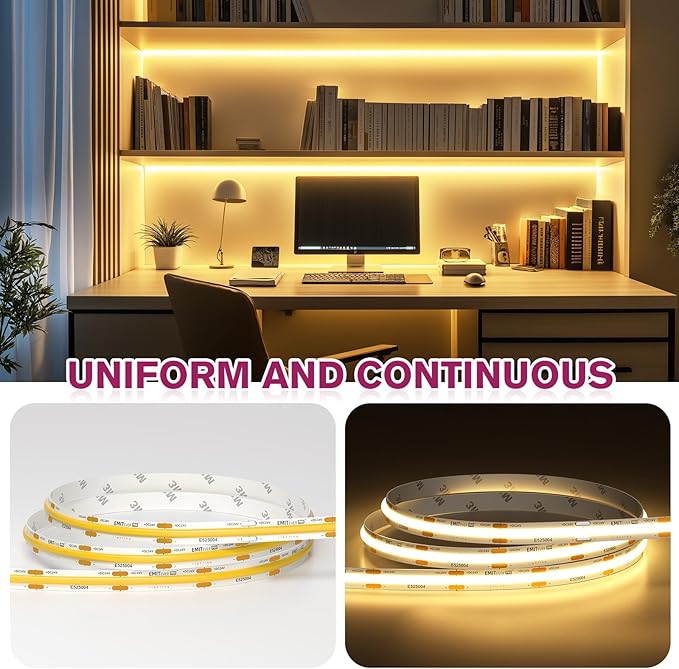 EMITEVER COB LED Strip Lights Warm White, 3000K Tape Light Premium High Density, DC 24V, 360+Lumens/ft, 2560LEDs/Spool, Ra 90+, 16.4ft/5m, UL Listed 5 Year After-Service (power supply sold separately)