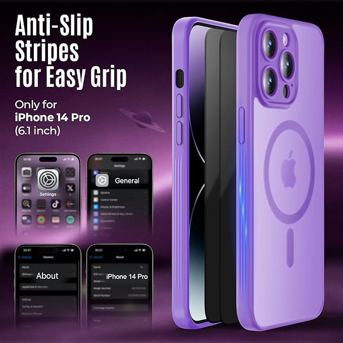 Symcele Designed for iPhone 14 Pro Case, Compatible with MagSafe, with Privacy Screen Protectors X2, [Camera Protection] [15FT Military Drop Protection] Shockproof Phone Case, 6.1", Light Purple