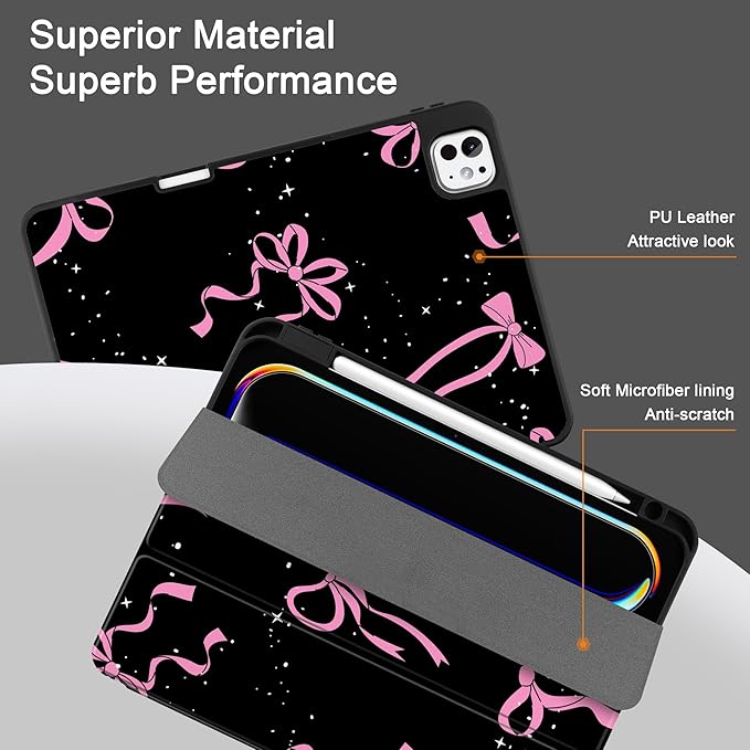 DONGKE Case for iPad Pro 11 inch (M5 2025 / M4 2024, 6th & 5th Generation) – [Built-in Pencil Holder] Ultra Slim PU Leather Trifold Stand Cover with Soft TPU Back, Auto Wake/Sleep, Bows & Stars