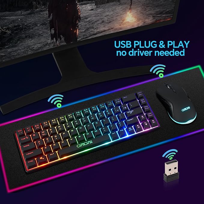 CHONCHOW 60% Wireless Gaming Keyboard and Mouse Combo, RGB Backlit Rechargeable LED Light Up Keyboards,Wireless Gaming Mouse and Keyboard for Xbox PS4 PS5 PC Laptop -Black