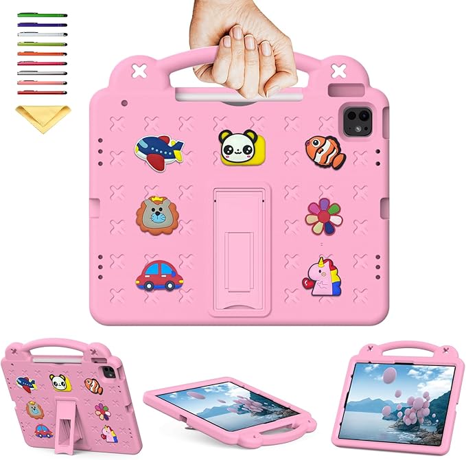 Kids Case for iPad Pro 11-Inch 2022/2021/2020/2018 (4th/3rd/2nd/1st Generation) & iPad Air 5th/4th Gen Case 2022/2020 10.9" with Kickstand/Handle/Pencil Holder Stand Girl Boy Cover, Rose