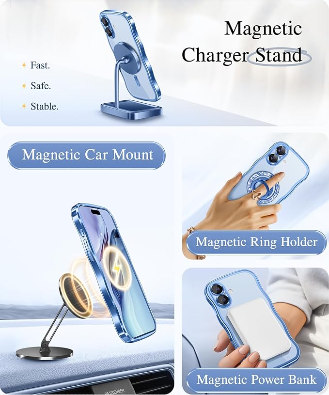 GVIEWIN for iPhone 17 Case Compatible with MagSafe, Upgraded [Full Camera Protection][Cute Wave Frame][Military Grade Protection] Electroplated Hard Phone Cover for Women Girl, Clear/Light Blue
