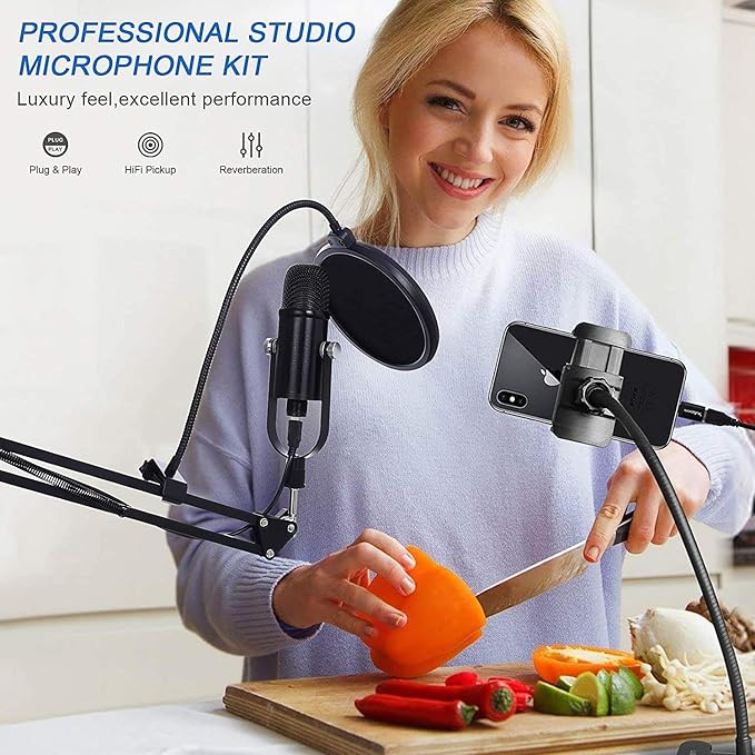 USB Microphone Condenser Computer PC Gaming Mic Podcast Microphone Kit for Streaming,Recording,Vocals,ASMR,Voice,Cardioid Studio Mic for Phone/Pad/Android/MAC/Laptop/PS4/USB C Phone,YouTube