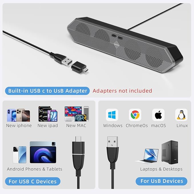 PC Speaker for Computer, Wired USB Powered Bluetooth Computer Speakers with Stereo Clear Sound, Gaming Speakers Sound Bar for Computer Desktop PC Laptop Monitor, Bluetooth & USB Input Black