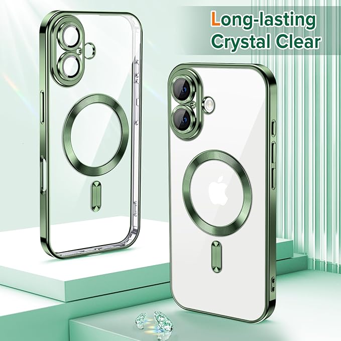 Hython Magnetic Clear for iPhone 16 Plus Case with Camera Lens Protector [Compatible with MagSafe] Luxury Plating Edge Slim Soft TPU Cover Protective Phone Case for iPhone 16 Plus 6.7", Deep Green
