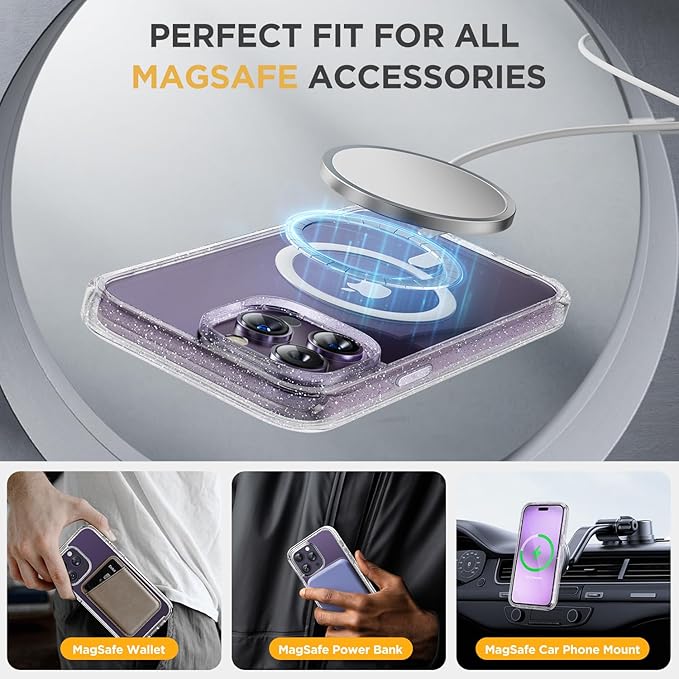 Miracase Magnetic for iPhone 14 Pro Case 6.1 inch, (Compatible with MagSafe) Upgrade Full-Body Clear Phone Bumper Case with Built-in 9H Tempered Glass Screen Protector, Magnetic Glitter Clear