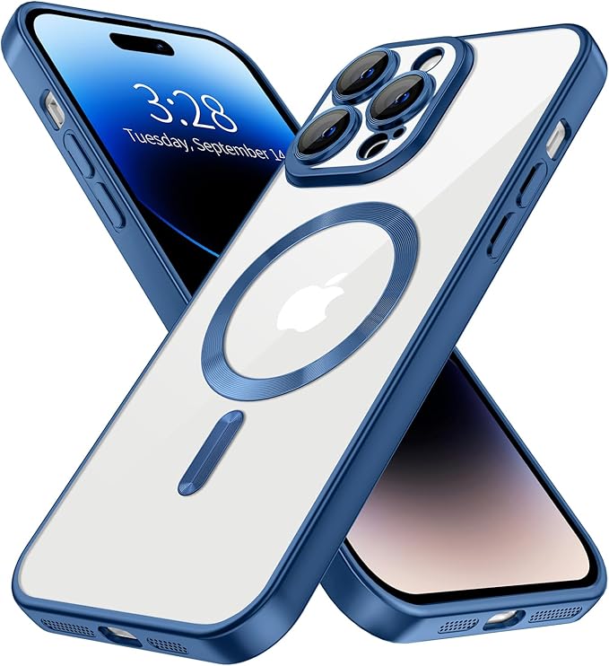 Hython Magnetic Clear for iPhone 14 Pro Max Case with Camera Lens Protector [Compatible with MagSafe] Plating Edge Slim Soft TPU Cover Protective Phone Case for 14 Pro Max 6.7", Matte Deep Blue