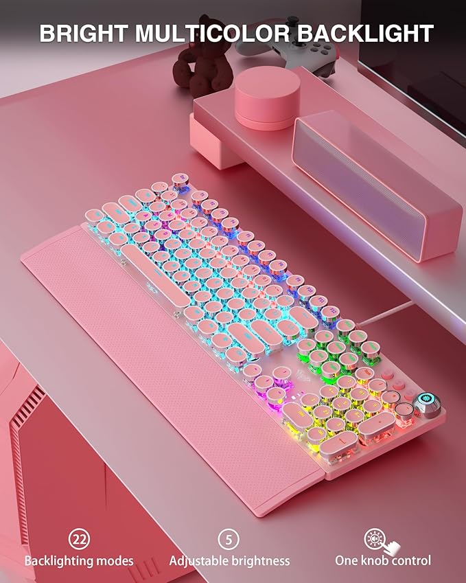 AULA F2088 Typewriter Mechanical Keyboard, Pink Retro Wired Gaming Keyboard with Blue Switches, Rainbow Backlit, Round Keycaps, Media Knob & Removable Wrist Rest