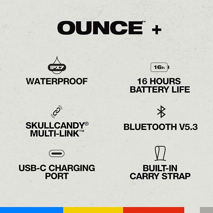 Skullcandy Ounce+ Wireless Bluetooth Speaker - IPX7 Waterproof Mini Portable Speaker with 16 Hour Battery, True Wireless Stereo, and Ballistic Nylon Carry Strap (Black)