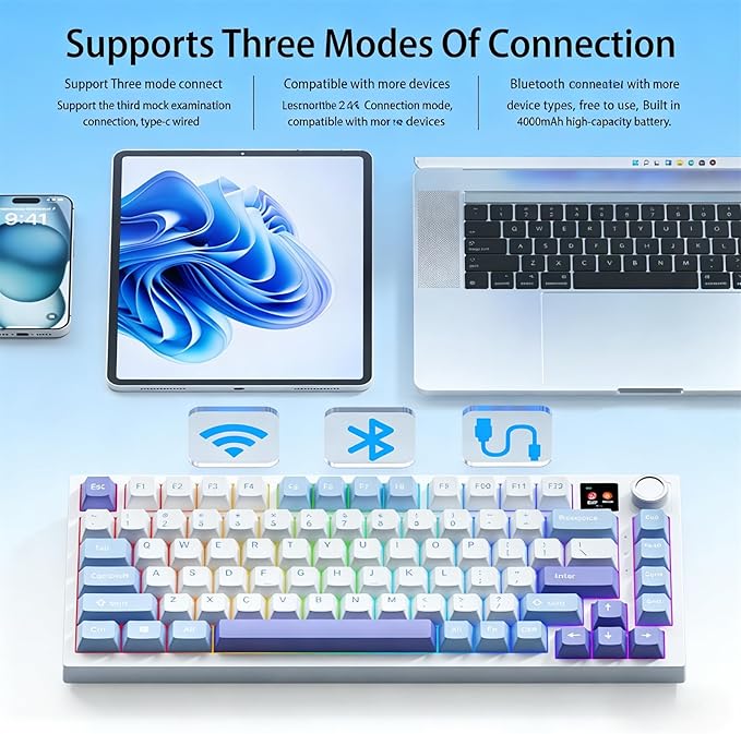 FKZ K75 Mechanical Keyboard with Knob Screen,75% Hot Swap Tri-Mode Bluetooth 5.0/2.4G Wireless/Type-C Wired RGB Gaming Keyboard PCB Gasket Mount Custom Creamy Blue&White Keyboard