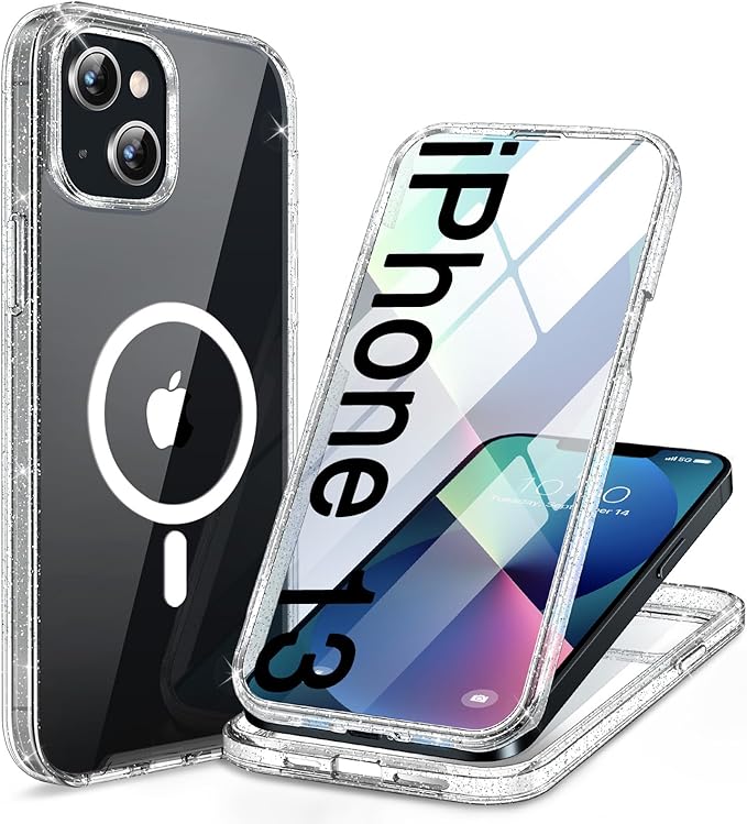 Miracase for iPhone 13 Case 6.1'', [Bubble Free] Full-Body Bumper Phone case with Built-in Full Glass Screen,No Gap,Compatible with MagSafe,Drop Proof 13 Cover,Clear Glitter