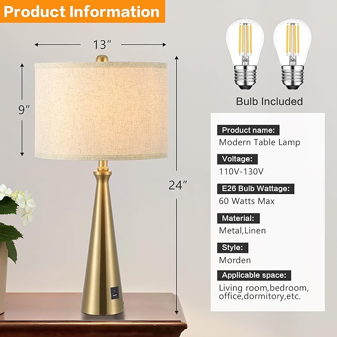 EOEYYOYB Lamp for Bedroom Set of 2 Lamps for Night Stand Modern Bedside Lamps Living Room End Table Lamps Gold