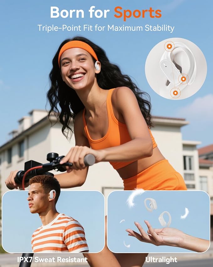 LEEMC Wireless Earbuds, Bluetooth Headphones 5.4, Ear Buds with Hooks for Sports, 80Hr Playtime Earphones, LED Display, IPX7 Waterproof Headset for Workout Running, Ivory