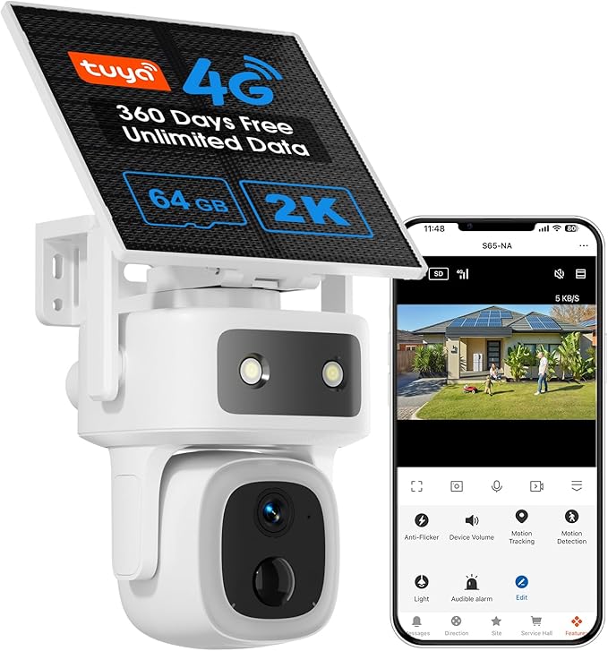 maisi 4G LTE Cellular Solar Wireless Camera Outdoor, 360 Days Free Unlimited Data, Built-in SIM Card 64GB, No WiFi No Power Security Camera, 360° PTZ, 2K Color Night Vision, 2 Way Talk, AI Detection