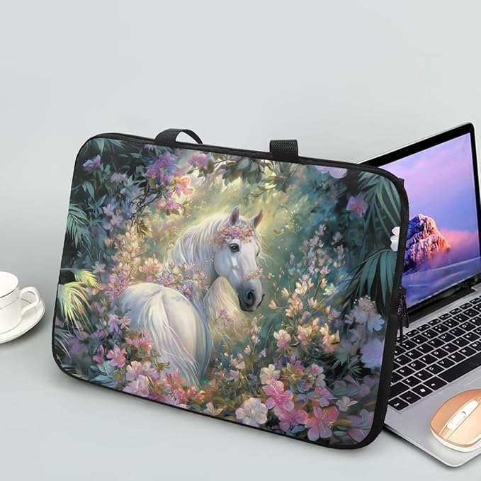17 Inch Horse Flowers Laptop Sleeves, Zippered Computer Bag Waterproof Tablet Carrying Cover, Laptop Organizer Tote Bag Portable Notebook Handbag, Back to School Supplies College