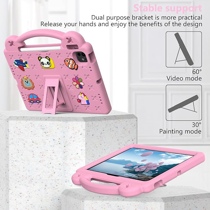Dteck Case for iPad Air 5th/4th Gen 10.9" 2022/2020,iPad Pro 11 inch 4th/3rd/2nd/1st Gen,Cartoon Panda Shockproof Rugged Lightweight Convertible Handles Stand Kids Friendly Pencil Holder Case,Pink