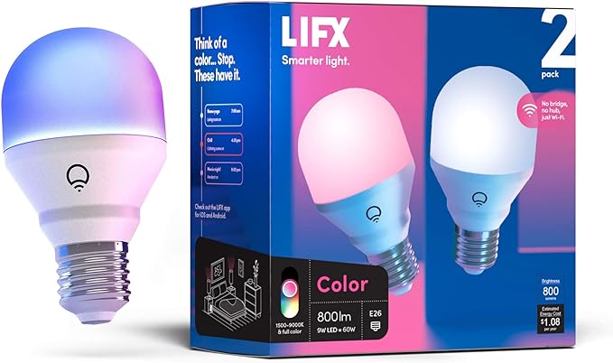 LIFX Color A19 800 lumens, Billions of Colors and Whites, Wi-Fi Smart LED Light Bulb & Color, A19 1100 lumens, Wi-Fi Smart LED Light Bulb, Billions of Colors and Whites