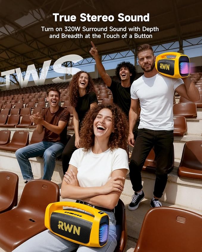 RWN Outdoor Bluetooth Speaker: 160W Loud Sound, IP67 Waterproof with 24H Playtime, Fast Charge, Bass, TWS, Portable Wireless Speakers with Light Show for House, Party, Projector, Beach (Yellow+Black)