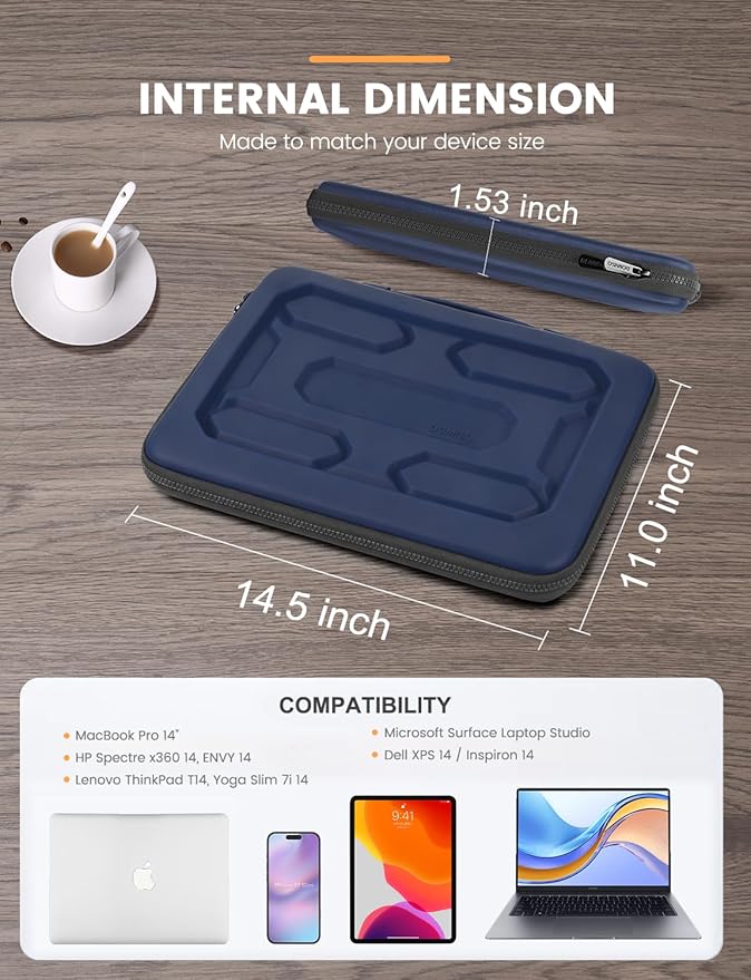 DOMISO 14 inch Laptop Sleeve with Handle Shockproof Computer Bag Waterproof EVA Protective Carrying Case for 14" ThinkPad E480/Yoga 920/13.5" Microsoft Surface Book/HP Pavilion 14 Stream 14,Dark Blue