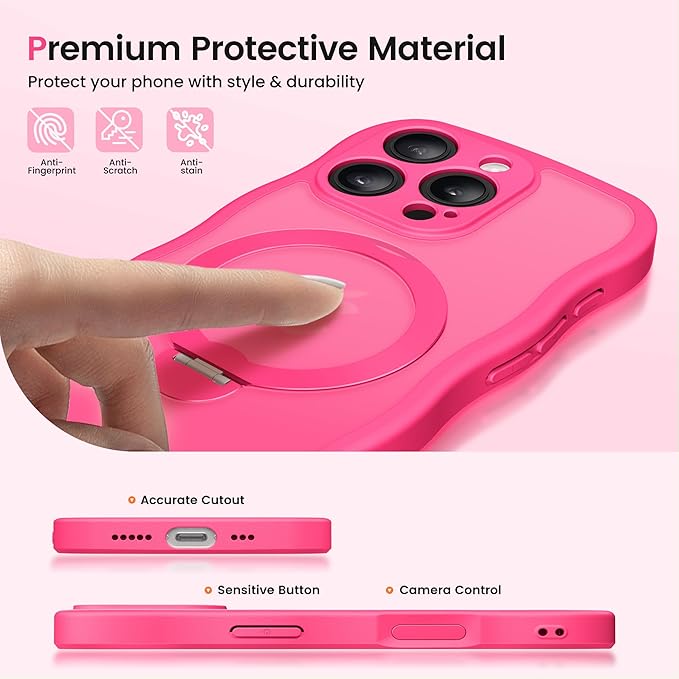 CAPRARO for iPhone 16 Pro Max Case with 360° Spin Magnetic Stand for Women, [Compatible with MagSafe] [Full Camera Protection] Cute Wave Translucent Matte Case for iPhone 16 Pro Max, Hot Pink