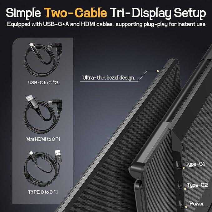Laptop Screen Extender, 14'' FHD 1080P Ultra-Slim Triple Portable Monitor for Laptops, Two Cable USB-C Travel Monitor Extender Plug & Play for 13"-17" Laptop, Compatible with Wins/Mac/Android/Chrome
