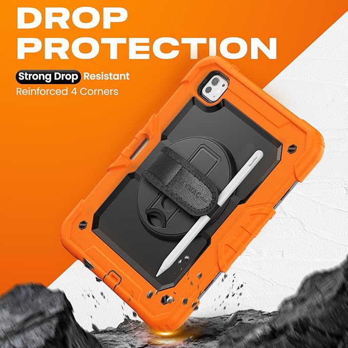SEYMAC stock Case for iPad Pro 11-inch M5-M4 2025-2024, Shockproof Heavy Duty Case with Screen Protector, Pencil Holder, Rotating Stand, Hand Strap, Shoulder Strap, Orange
