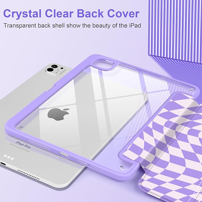 TWOLSKOO Case for iPad Pro 11-inch (M5 2025 / M4 2024), Clear Acrylic Back with TPU Bumper, Pencil Holder, Trifold Stand, Auto Sleep/Wake, Purple Wavy Checker