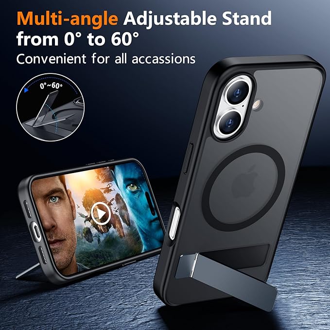 SPIDERCASE Magnetic for iPhone 16 Case,with [3 Stand Ways] [Military Grade Drop Protection] with Invisible Stand Shockproof Slim Phone Case for iPhone 16 6.1'',Black