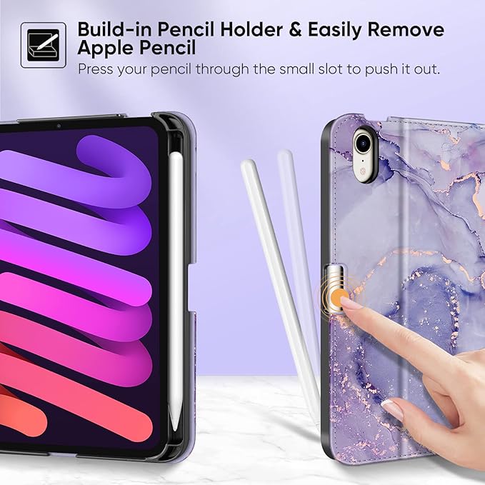 Fintie Folio Case for iPad Mini 7 (A17 Pro, 7th Generation) 2024 / iPad Mini 6 (6th Gen) 8.3 Inch, Multi-Angle Smart Stand Cover with Pencil Holder & Pocket, Auto Sleep/Wake, Lilac Marble
