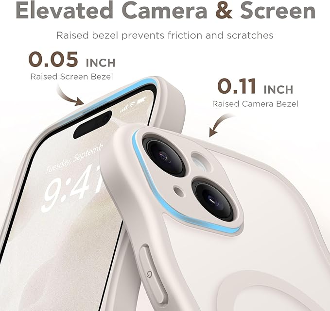 CAPRARO Cute for iPhone 15 Plus Case, Compatible with MagSafe, [Curly Wave Edge] [Full Camera Protection] [14 FT Drop Protection] Magnetic Phone Case for 15 Plus 6.7 Inch, Stone