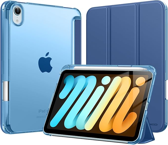 MoKo for iPad mini 7 A17 Pro Case 2024, iPad mini 6th Generation Case 8.3 Inch 2021 with Pencil Holder, Slim Light Trifold Smart Protective Cover with Hard PC Translucent Back Shell, Navy Blue
