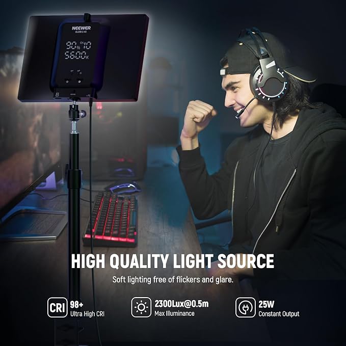 NEEWER 25W 12.9" Streaming Key Light with Desk Stand/2.4G Remote/USB Transmitter, PC/Mac APP Control 2300Lx/0.5m 2900-7000K CRI98+ Dimmable Edge Lit Video Panel Light for Webcam Laptop Zoom, GL25B