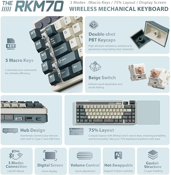 RK ROYAL KLUDGE M70 Wireless Mechanical Keyboard with Macro Keys 2.4GHz/Bluetooth/Wired 75% Gaming Keyboard with 6000mAh Battery Gasket-Mount Display & Knob RGB Hot-Swappable Soft Tactile Beige Switch