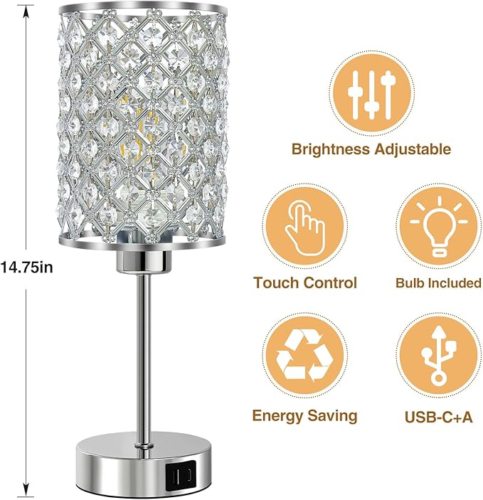 GyroVu Crystal Touch Table Lamp for Bedroom, Silver Desk Lamp with USB-C & USB-A Ports, Dimmable Modern Bedside Lamp for Nightstand, Living Room & Home Office - LED Bulb Included