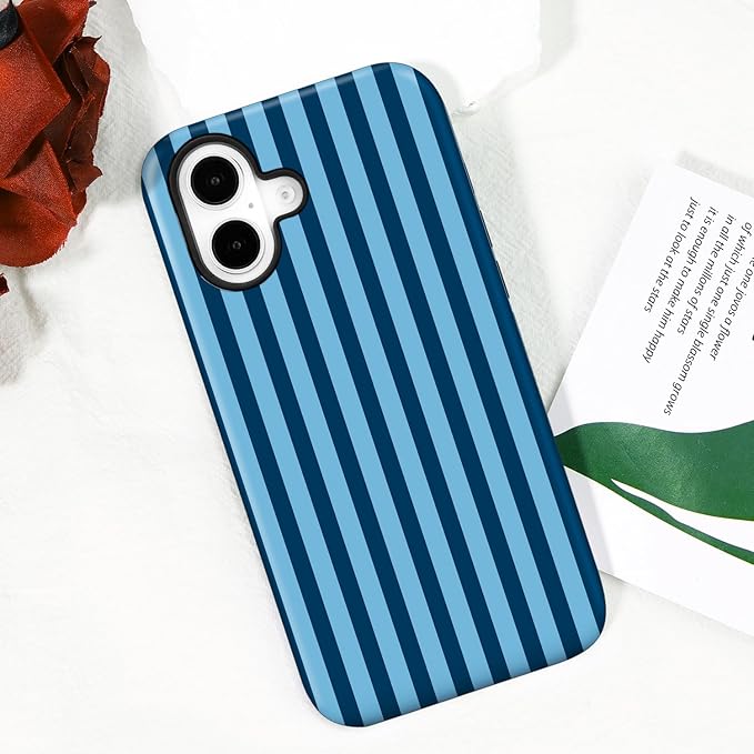 Magnetic for iPhone 17 Case Cute Stripes Phone Case, Shockproof Slim TPU and Hard PC Protective Phone Cover Compatible with MagSafe Designed for Women Girls, Lake Blue