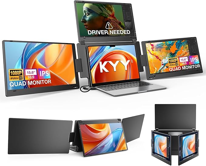 Triple Screen Laptop Monitor Extender, Quad Monitor 15.6” FHD 1080P Portable Triple Monitors, 1 USB-C Connection for 4 Screens, Integrated Aluminum Alloy, Auto Rotation Top Display for 12–17.3” Laptop