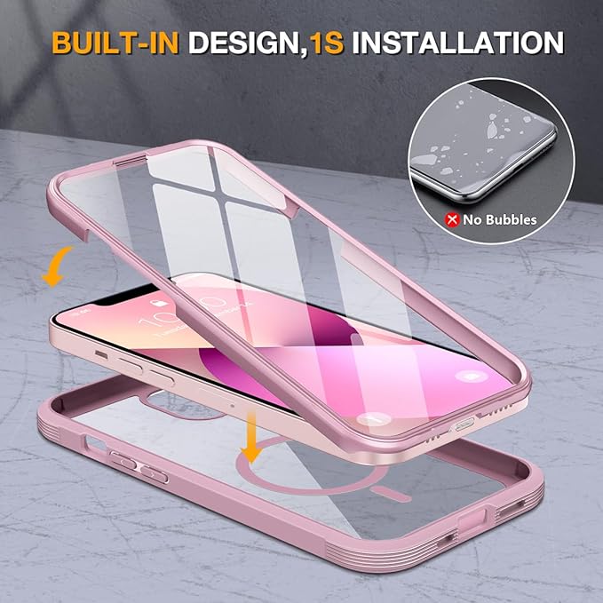 Miracase for iPhone 13 Case 6.1'',Full-Body Magnetic Clear Bumper Case with Built-in 9H Tempered Glass Screen Protector,Military Drop Protection Outdoor Phone Case,Pink