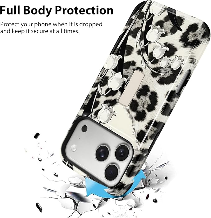 KANGHAR Compatible with iPhone 17 Pro Case, Support for MagSafe, Silicone Leopard Flower Cool Pattern, Finger Hold Wristband Kickstand Camera Protection Soft Slim Phone Case for Girls Women -Black