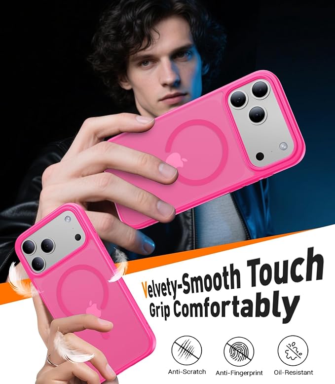 Magnetic for iPhone 17 Pro Max Case,[Anti-Slip][Compatible with MagSafe][Military Grade Drop Protection] Shockproof Protective Translucent Phone Case for iPhone 17 Pro Max Case,Hot Pink