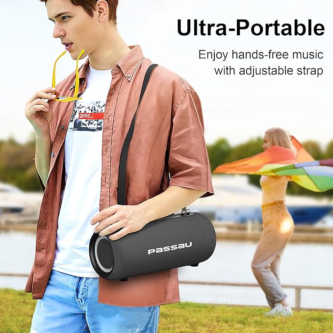 Passau Portable Bluetooth Speakers Loud 40W Peak Stereo Sound, Passive Radiators-Deep Bass, All Day Playtime, Adjustable Strap, BT5.3, IPX5 Wireless Speaker RGB Lights for Indoor Outdoor