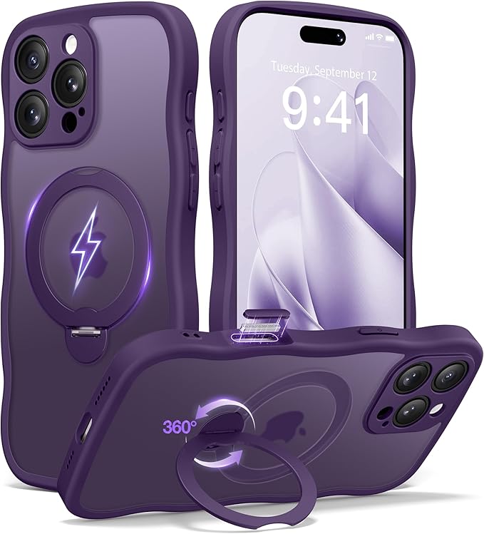 CAPRARO for iPhone 16 Pro Max Case with 360° Spin Magnetic Stand for Women, [Compatible with MagSafe] [Full Camera Protection] Cute Wave Translucent Matte Case for iPhone 16 Pro Max, Deep Purple